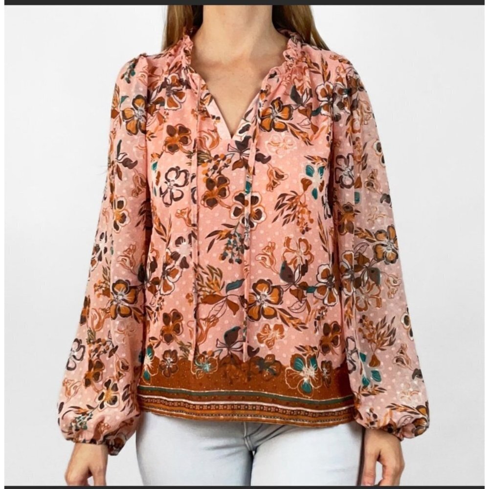 Joie Floral Puff Sleeve Peasant Boho Blouse Pink Swill Dot Ruffle Neck Size Medi